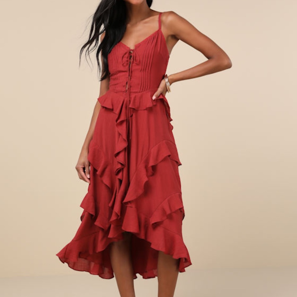 Lulus Playful Style Brick Red Lace-up Ruffled High-low Midi Dress - Size XS New